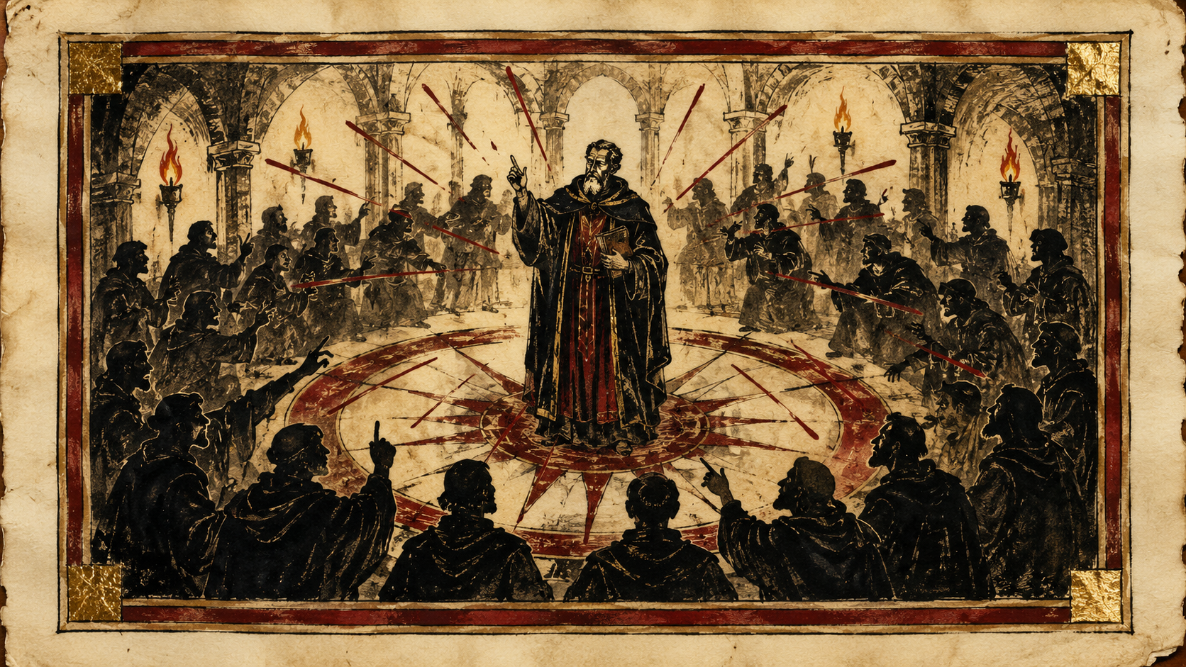 Ilustração de um mestre de Teologia no centro de um salão medieval, cercado por uma plateia gesticulando perguntas de todos os lados