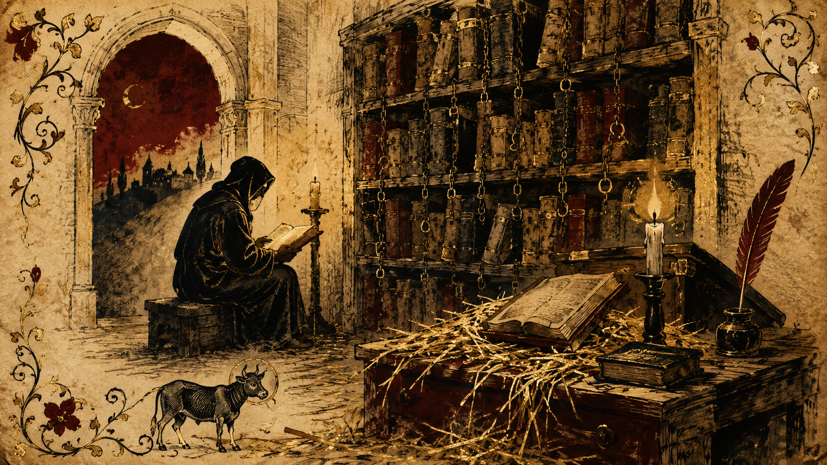 Ilustração de uma biblioteca monástica ao entardecer, com um estudioso encapuzado lendo à luz de vela e uma pequena silhueta de boi perto de uma mesa com palha espalhada