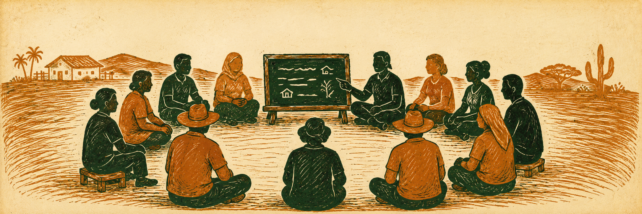Uma roda de pessoas sentadas ao redor de uma lousa, no sertão, formando um Círculo de Cultura.