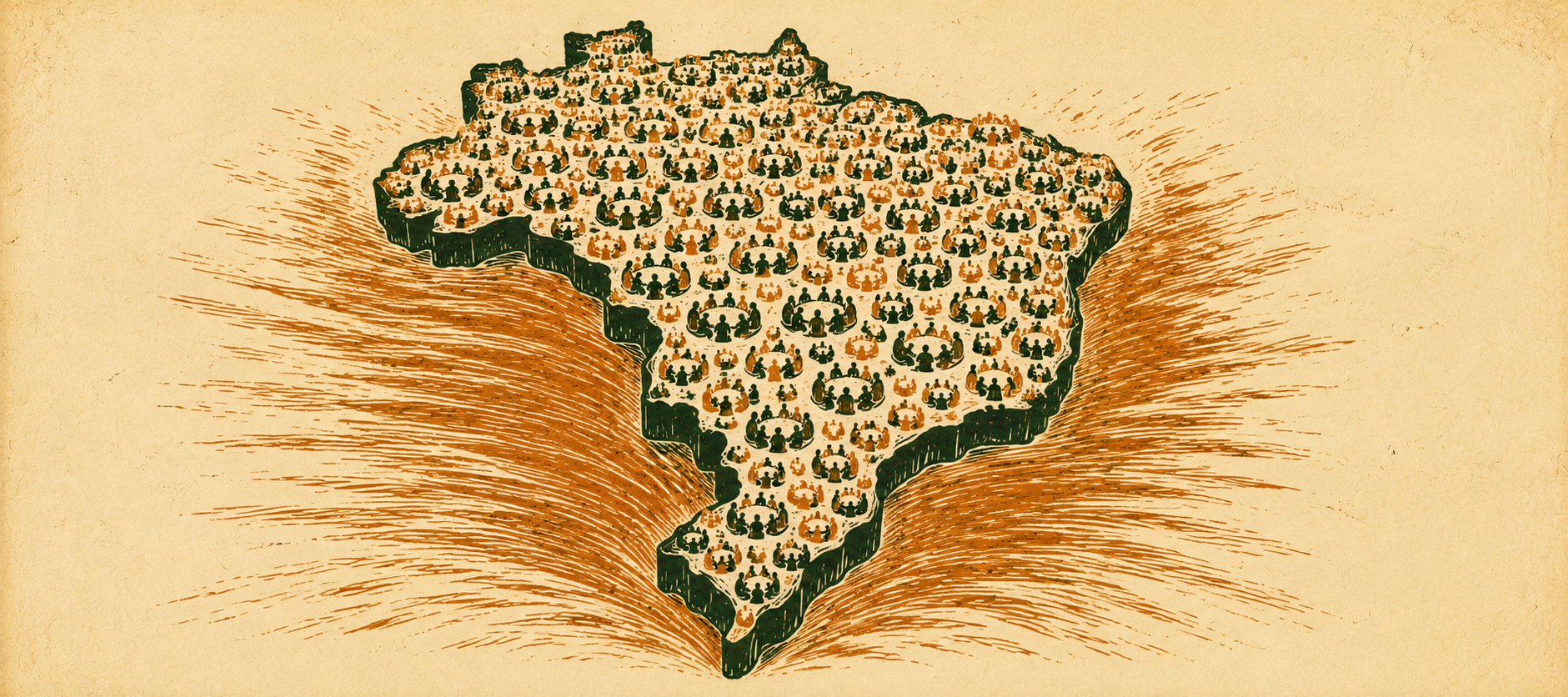 Mapa do Brasil preenchido por centenas de pequenas rodas de pessoas, sugerindo a escala do Plano Nacional de Alfabetização.